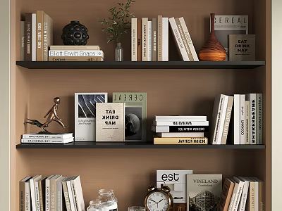 Modern Bookshelf Interior With Books Magazines Decorative Plants Sculpture And Vintage Clock 3d model