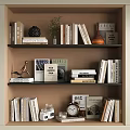 Modern Bookshelf Interior With Books Magazines Decorative Plants Sculpture And Vintage Clock