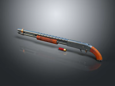 Classic Shotgun With Wooden Stock Metal Barrel And Red Bullet On Dark Surface 3d model