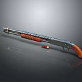 Classic Shotgun With Wooden Stock Metal Barrel And Red Bullet On Dark Surface
