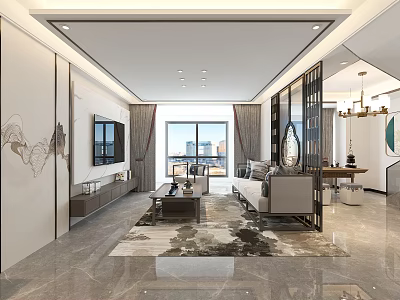 Modern Living Dining Room Interior With Floor-to-Ceiling Windows Sofa Coffee Table Marble Floor And Chandelier 3d model