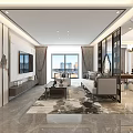 Modern Living Dining Room Interior With Floor-to-Ceiling Windows Sofa Coffee Table Marble Floor And Chandelier