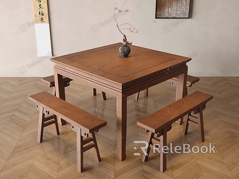 Chinese Dining Table and Chair New Chinese Square Table and Chair Chinese Square Table and Chair Solid Wood Eight Immortals Table and Chair Bench Solid Wood Patchwork Floor Pottery Pot Dried Flowers Dried Branches Floral Art model