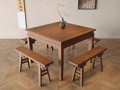 Chinese Dining Table and Chair New Chinese Square Table and Chair Chinese Square Table and Chair Solid Wood Eight Immortals Table and Chair Bench Solid Wood Patchwork Floor Pottery Pot Dried Flowers Dried Branches Floral Art 3d model