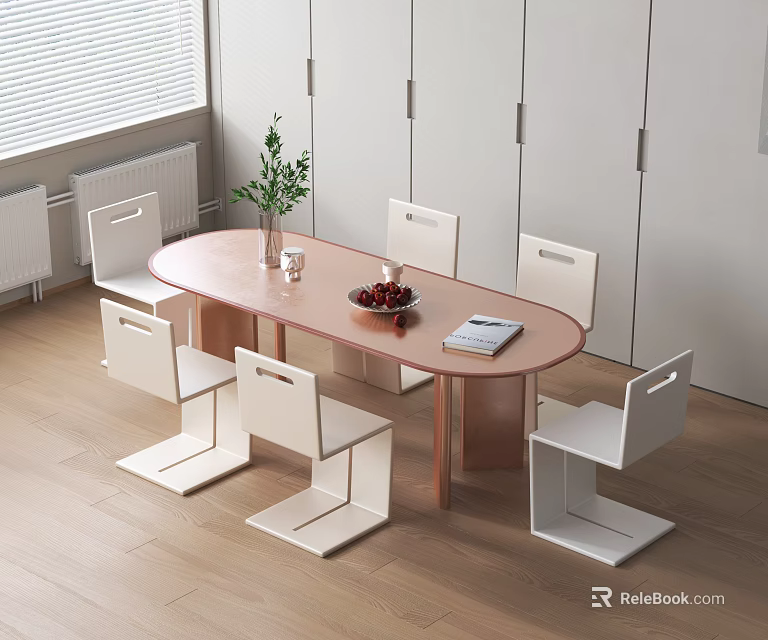 Oval Wooden Dining Table Set With Six White Chairs Green Plant Fruit Bowl And Book 3d model 