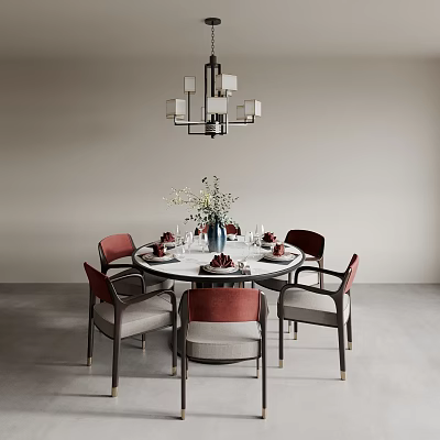 Modern Round Dining Table Set With Six Red Beige Chairs Flower Vase And Pendant Light 3d model