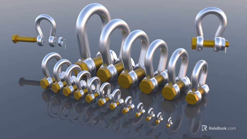 Stainless Steel And Brass Hardware Shackles With Multiple Sizes And Bolt Fasteners 3d model 
