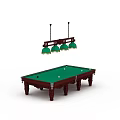 Green Felt Billiard Table With Wooden Legs And Hanging Green Shade Lighting