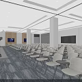 Modern Spacious Conference Room With Arranged Chairs Large Screen Decorative Paintings And Recessed Lighting