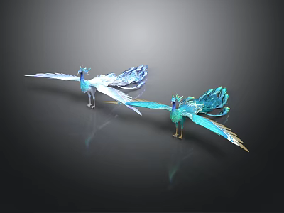 Two Peacocks With Turquoise Feathers And Spread Wings On Black Background With Reflections 3d model