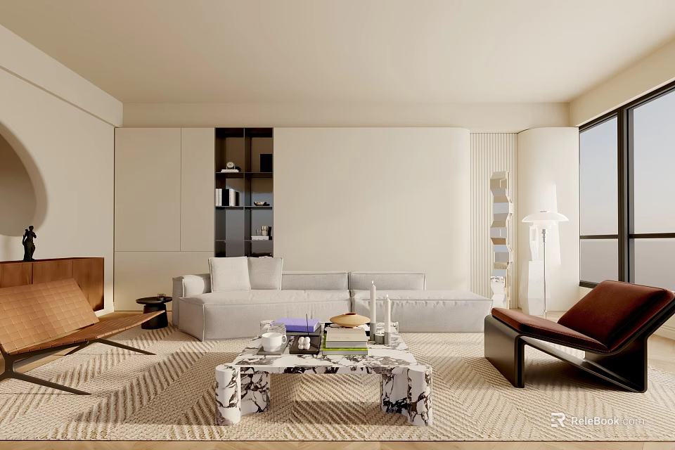 Modern Living Room Interior With Light Gray Sofa Marble Coffee Table And Woven Rug 3d model 