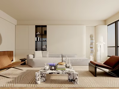 Modern Living Room Interior With Light Gray Sofa Marble Coffee Table And Woven Rug 3d model