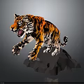 3D Striped Tiger Roaring With Extended Paws Standing On Gray Rock