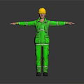 Human Worker In Green Reflective Uniform With Yellow Helmet Standing Arms Outstretched On Dark Background