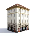 Urban Building Complex Featuring Multi Story Structures Red Tiled Roofs And Shop Fronts 3d model