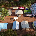 Outdoor Camping Tents in Red Rocks Area with Trees and Sunset Sky