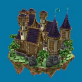 Cartoon Castle On Floating Island With Purple Spires Green Trees And Stone Ground