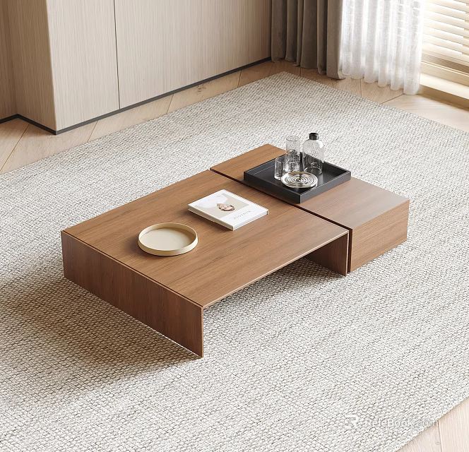 Modern Wooden Coffee Table With Tray Water Bottles Book And Plate On Rug 3d model 