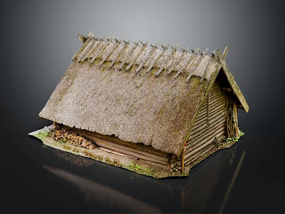 Traditional Wooden House Model With Thatch Roof Grass Around Base And Wooden Structure 3d model
