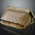 Traditional Wooden House Model With Thatch Roof Grass Around Base And Wooden Structure