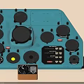 Blue Industrial Equipment Control Panel With Multiple Black Knobs Circular Buttons And Dials