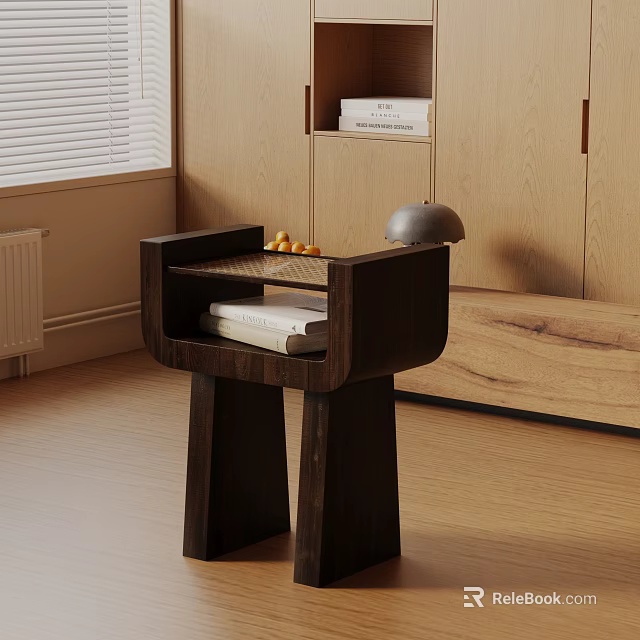 Dark Wooden Side Table With Tray Design Holding Fruits And Metal Dome On Wooden Floor 3d model 