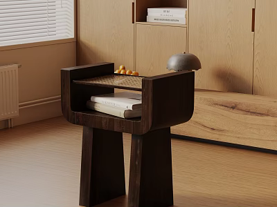 Dark Wooden Side Table With Tray Design Holding Fruits And Metal Dome On Wooden Floor 3d model