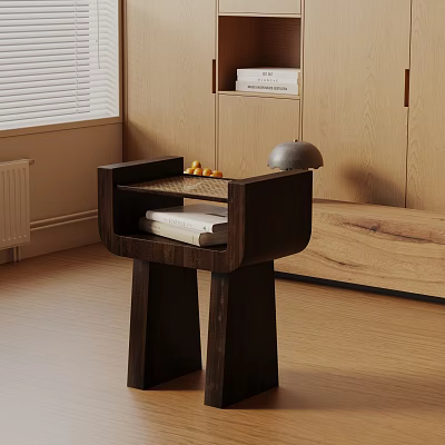 Dark Wooden Side Table With Tray Design Holding Fruits And Metal Dome On Wooden Floor 3d model