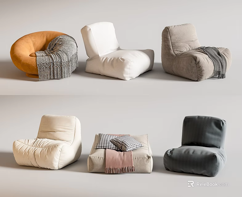 Bean Bag Chairs in Various Colors with Blankets and Pillows Modern Stylish Seating 3d model 