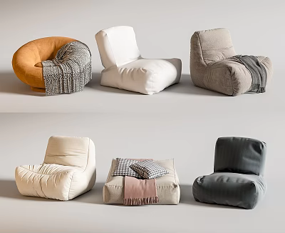 Bean Bag Chairs in Various Colors with Blankets and Pillows Modern Stylish Seating 3d model
