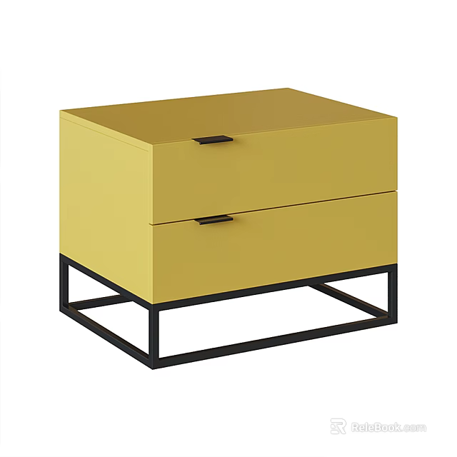 Modern Yellow Bedside Table With Two Drawers And Black Metal Frame 3d model
