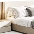 Modern Double Bed With Wooden Slat Headboard Nightstand White Sheets And Gray Pillows