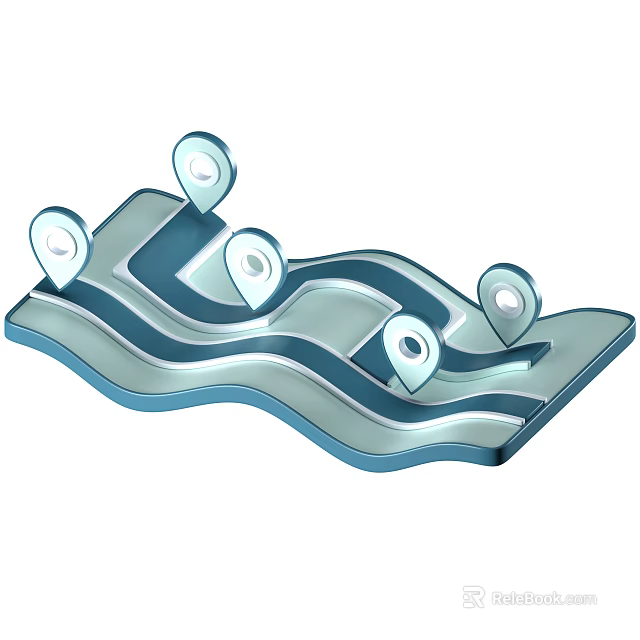 Decorative Ornament Set with Wavy Blue Base and White Location Pins for Home Decor 3d model 