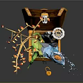 Open Wooden Treasure Chest Featuring Tree Branch Red Berries Little Bird Colorful Items and Coins