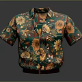 Colorful Floral Short Sleeve Shirt With Green Base Yellow And Orange Flower Patterns