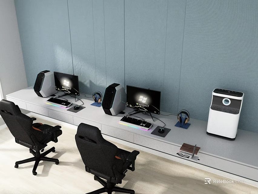 Modern Dual Monitor Computer Workstation With Headphones Speakers And Office Chairs 3d model 