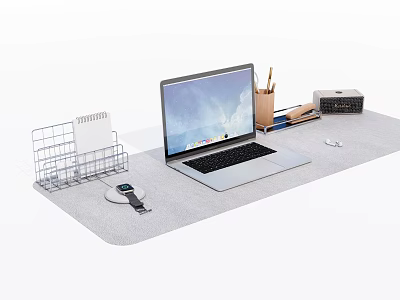 Laptop on Gray Desk Mat with Metal Wire File Holder Pen Holder Calendar Smartwatch Charger 3d model
