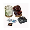 Stylish Drinkware Set With Two Glasses Wooden Coasters Ice Cubes And Beverages Near Camera