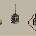 Three Traditional Chinese Style Pendant Lights With Landscape Prints And Wooden Frames