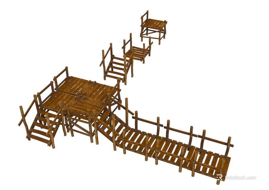 Wooden Outdoor Scenic Structures With Boardwalk Platform Staircases And Chairs 3d model 