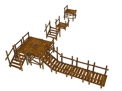 Wooden Outdoor Scenic Structures With Boardwalk Platform Staircases And Chairs 3d model