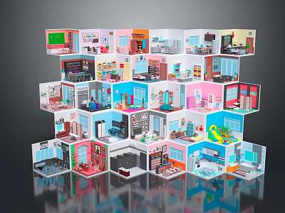 Cartoon Scenes Layered Stacked Cube Structure With Colorful Rooms Featuring Beds Sofas TVs And Bookshelves 3d model