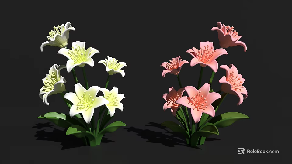 Decorative Ornament Set Featuring White and Pink Lily Flowers with Green Leaves 3d model 