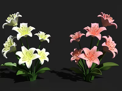 Decorative Ornament Set Featuring White and Pink Lily Flowers with Green Leaves 3d model