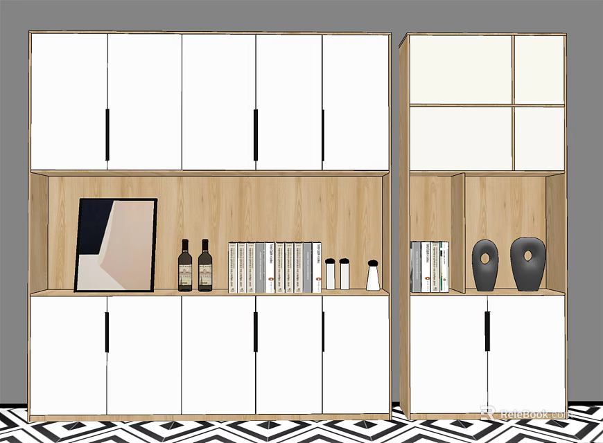 Modern Decorative Cabinet With Wooden And White Design Open Shelves Displaying Art Books And Vases 3d model 