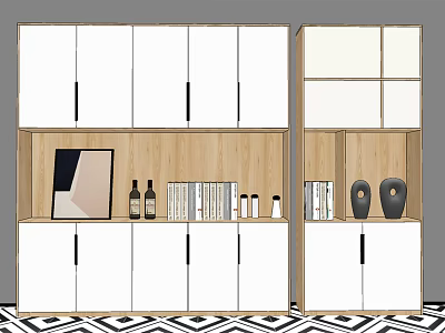Modern Decorative Cabinet With Wooden And White Design Open Shelves Displaying Art Books And Vases 3d model