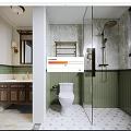 Modern Bathroom Interior with Green Tiles Glass Shower White Toilet and Wooden Vanity