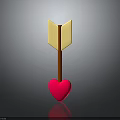 3D Rendered Golden Arrow With Brown Shaft And Red Heart On Gray Background