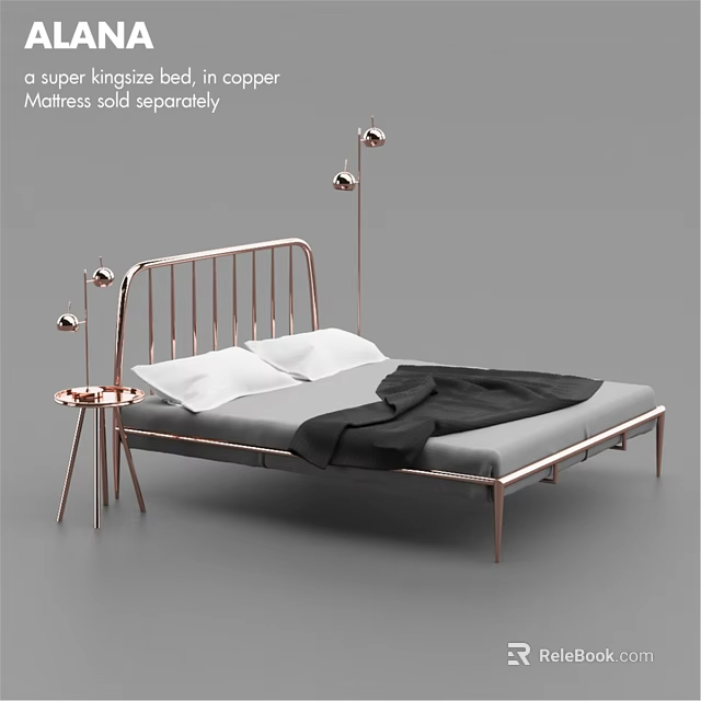 Modern Double Bed with Metal Frame Headboard White Pillows Black Blanket and Side Table Lamp 3d model 