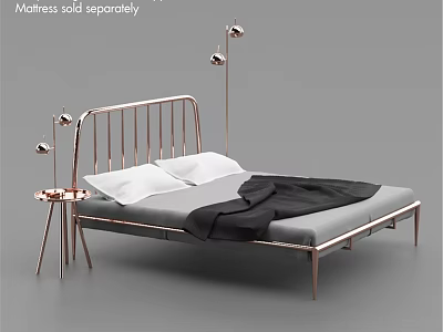 Modern Double Bed with Metal Frame Headboard White Pillows Black Blanket and Side Table Lamp 3d model